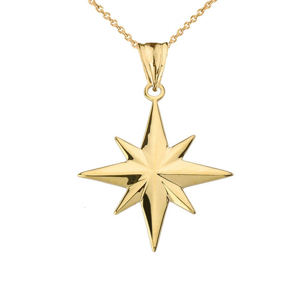 14K Solid Yellow Gold North Star Pendant Charm Necklace 16" 18" 20" 22"