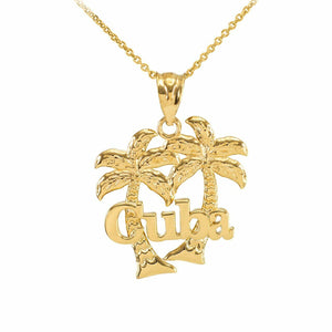 14k Solid Yellow Gold Cuba Palm Tree Pendant Charm Necklace