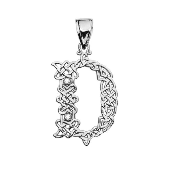 Sterling Silver CZ Celtic Knot Pattern Initial Letter D Pendant Charm Necklace