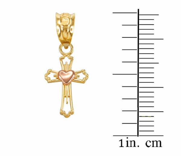 10k Solid Two Tone Yellow Rose Gold Heart Open Cross Pendant Necklace