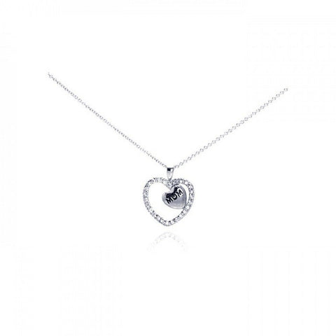 NWT Sterling Silver 925 Clear CZ Engraved "Mom" Heart Pendant Necklace