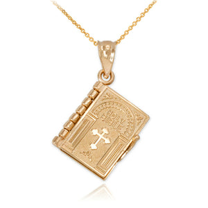 10k Solid Yellow Gold Holy Bible Book with "Our Father Prayer" Pendant Necklace