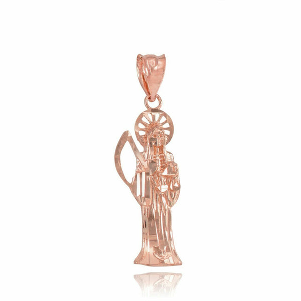 10K Solid Rose Gold Santa Muerte Charm Pendant Necklace 16" 18" 20" 22"