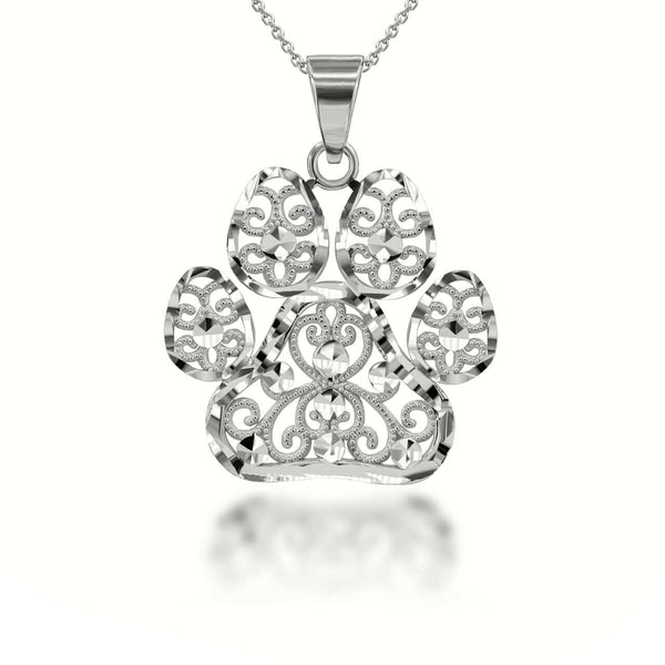 925 Sterling Silver Sparkle Cut Filigree Paw Print Pendant Necklace