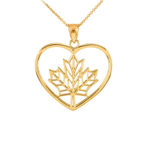 14K Solid Yellow Gold Maple Leaf Open Heart Shape Pendant Necklace