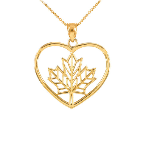 14K Solid Yellow Gold Maple Leaf Open Heart Shape Pendant Necklace