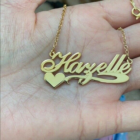 Personalized Yellow Gold Sterling Silver Name Plate Heart Necklace - Hazelle 18"