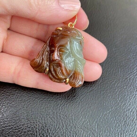 14K Real Solid Gold Natural Jade Carved Jesus Christ Head Pendant Charm