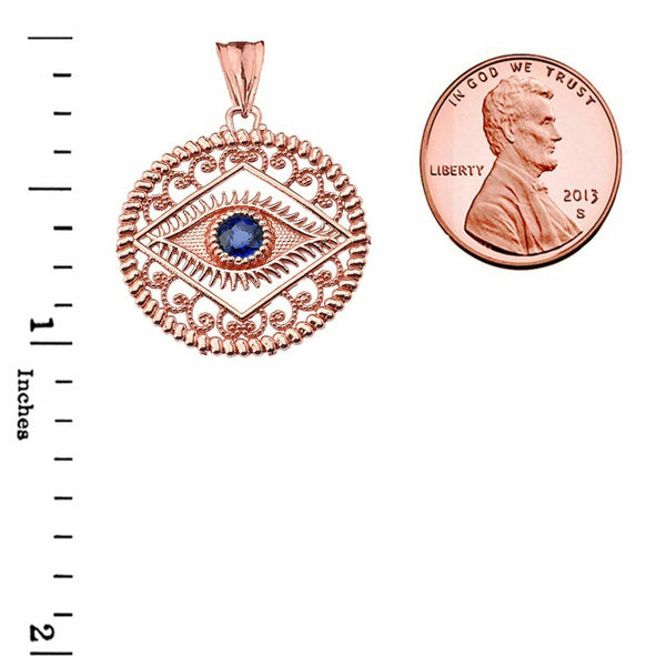 10k Solid Rose Gold Round Filigree Evil Eye Pendant Necklace