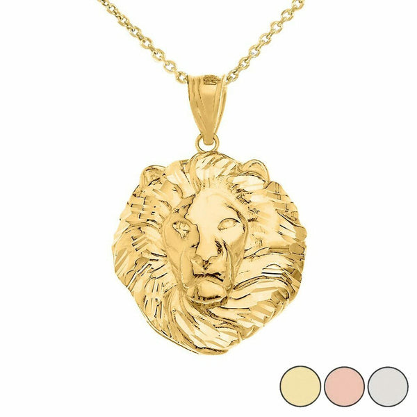 14K Solid Fine Yellow Gold Men's Textured Lion Head Small Pendant Necklace
