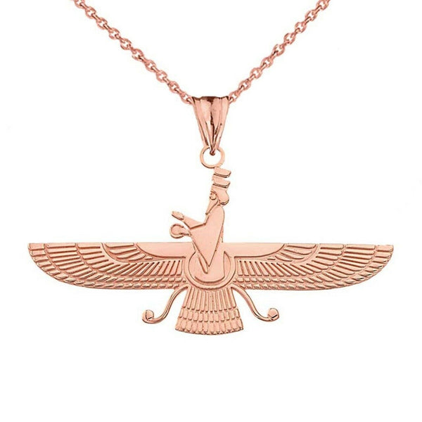 14K Solid Gold Persian God Faravahar Pendant Necklace - Yellow, Rose, or White
