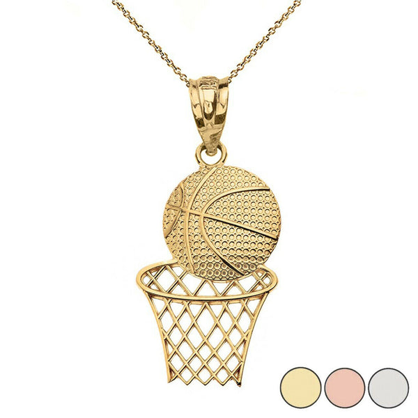 14k Solid Yellow Gold Textured Basketball Hoop Pendant Necklace