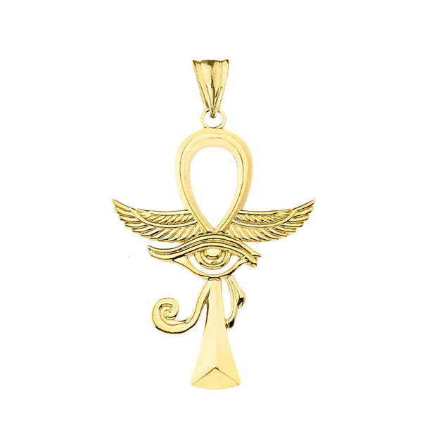 14k Solid Yellow Gold Ankh With Eye of Horus Pendant Necklace