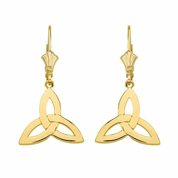14k Real Yellow Gold Celtic Trinity Knot Triquetra Drop Earring Set