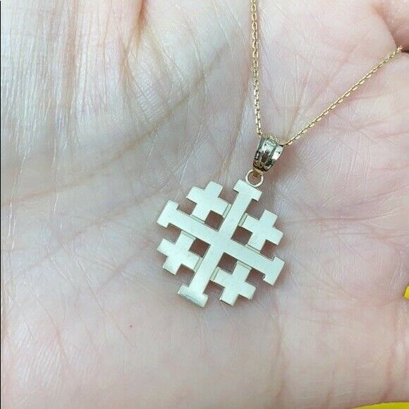 10K Solid Yellow Gold Jerusalem "Crusaders" Cross Pendant Necklace