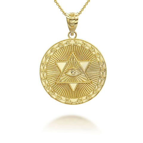 14K Solid Gold Star of David All-Seeing Eye Coin Pendant Necklace