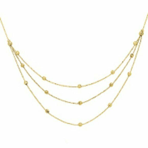 14K Solid Gold 3 Layer Bead DiamondCut BIB Chain Necklace 17" Adjustable Yellow