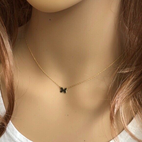 14K Solid Gold Mini Butterfly Dainty Necklace - Minimalist Yellow Adjust 16"-18