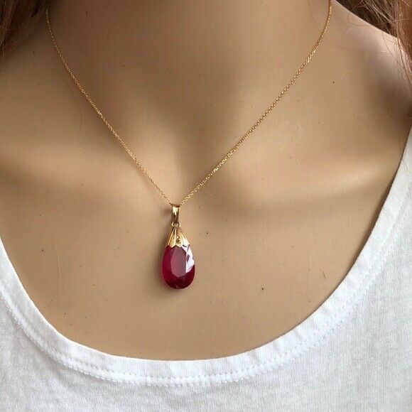 14K Solid Gold Red Teardrop Pendant / Charm Dainty Adjustable Necklace 16"-18"