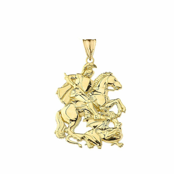 10K Solid Yellow Gold St. Saint George Pendant Necklace