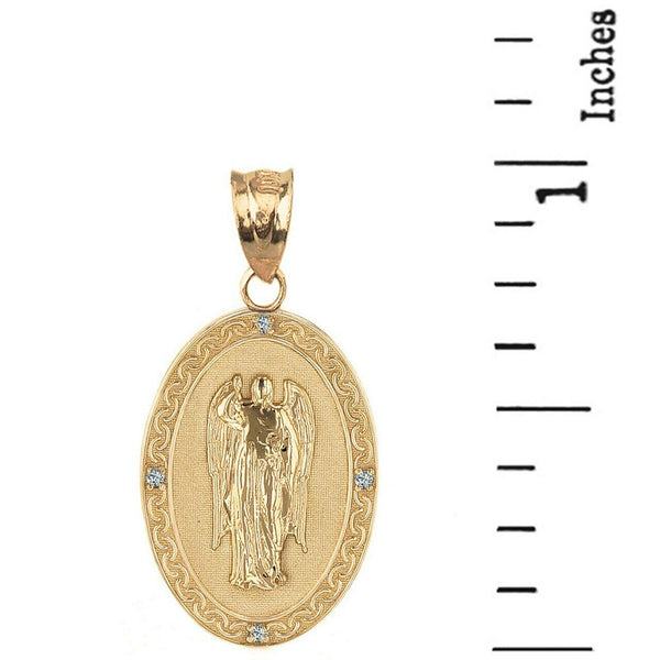 Solid 14k Yellow Gold Archangel Saint Gabriel Diamonds Engrable Pendant Necklace