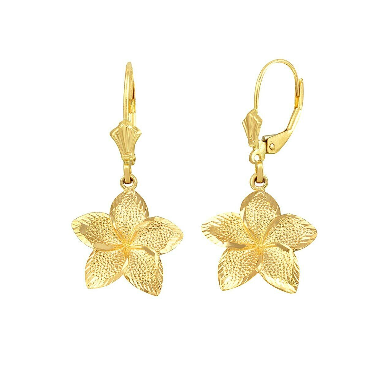 14k Solid Yellow Gold Small Five Petal Textured Plumeria Flower Earring Set