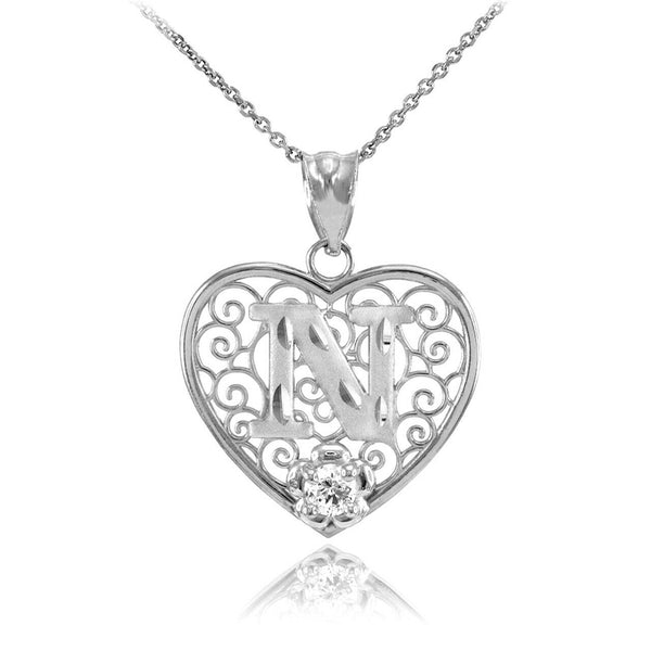 925 Sterling Silver Filigree Heart CZ Initial Letter N Pendant Necklace