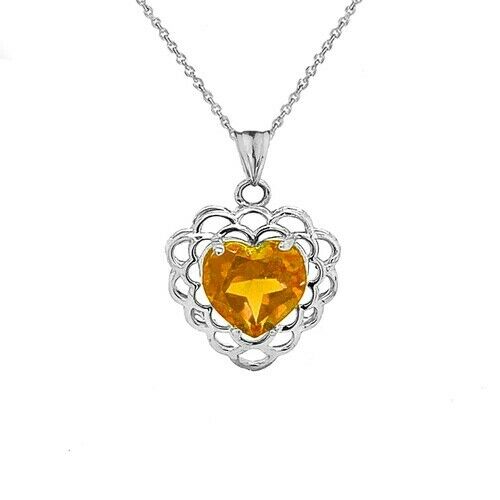 10k 14k Solid Gold Citrine Filigree Heart November Birthstone Pendant Necklace
