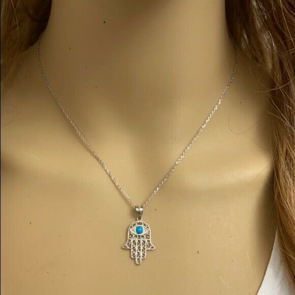 925 Sterling Silver Hamsa Hand With Turquoise Evil Eye Pendant Necklace