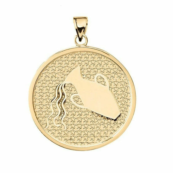 10K Solid Gold Aquarius Zodiac Sign Disc Round Pendant Necklace 16" 18" 20" 22"