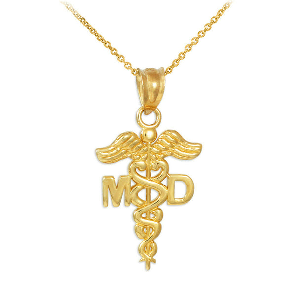 14K Solid Gold Medical Doctor MD Caduceus Pendant Necklace