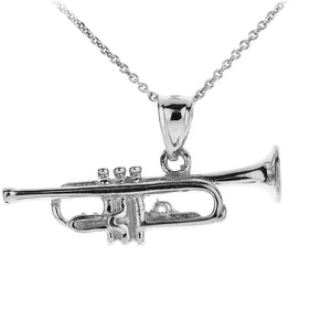Fine 925 Sterling Silver Three Dimensional Trumpet Pendant Necklace Made in USA