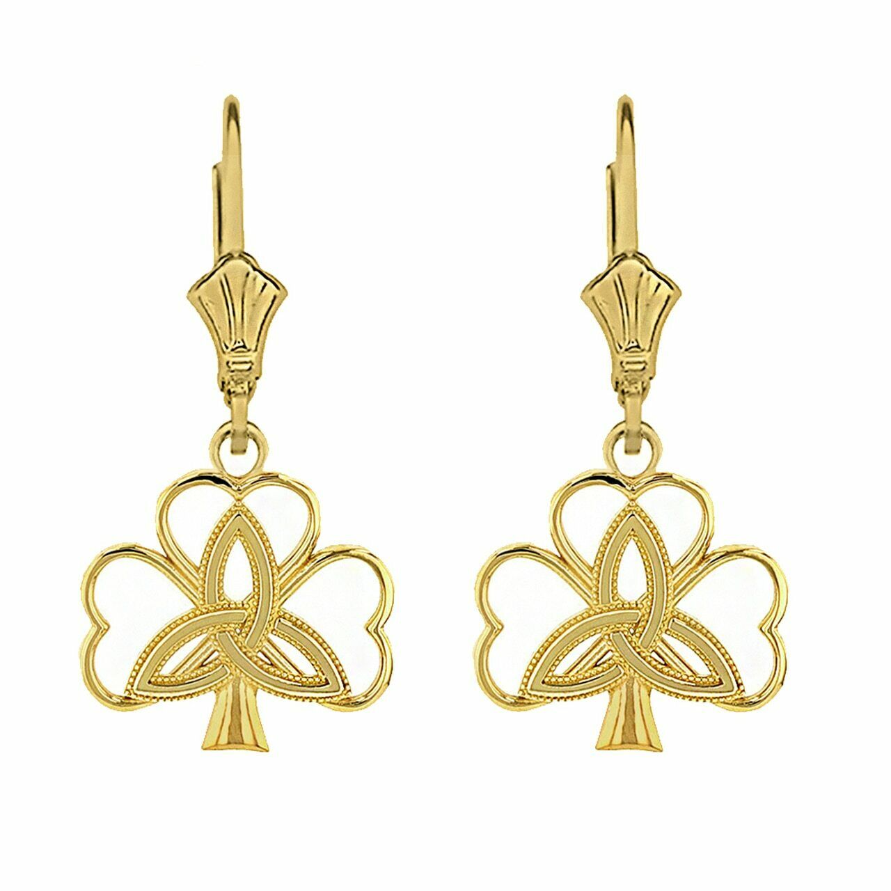 14k Real Yellow Gold Clover Triquetra Irish Celtic Disc Leverback Earrings