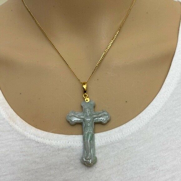 14k Solid Real Yellow Gold Jesus Crucifix Carved Jade A Cross Religious Pendant