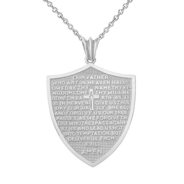 10k Solid White Gold The Lord’s Prayer Shield Medallion Pendant Necklace