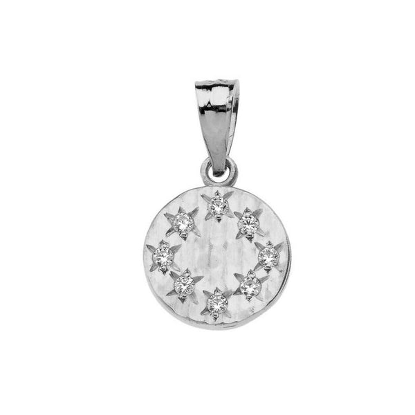Solid 14k White Gold Small Hammered Diamond Round Pendant Necklace