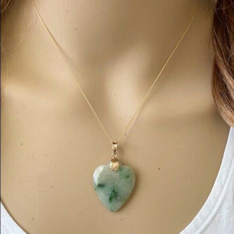 18K Solid Real Yellow Gold Genuine Natural Jadeite Heart Jade Pendant