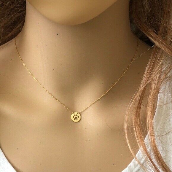 14K Solid Gold Mini Disk Disc Paw Print Dainty Necklace - Minimalist 16"-18"