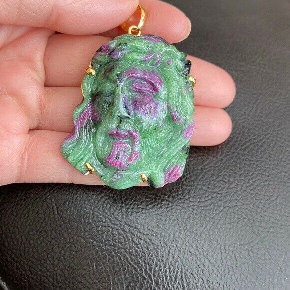14K Real Solid Gold Natural Ruby Carved Jesus Christ Head Pendant Charm Large