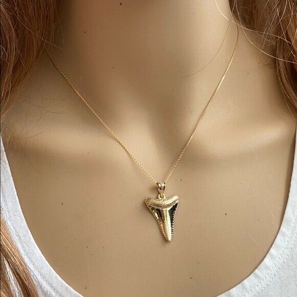 14k White Gold Polished Shark Tooth Pendant Necklace 16" 18" 20" 22"