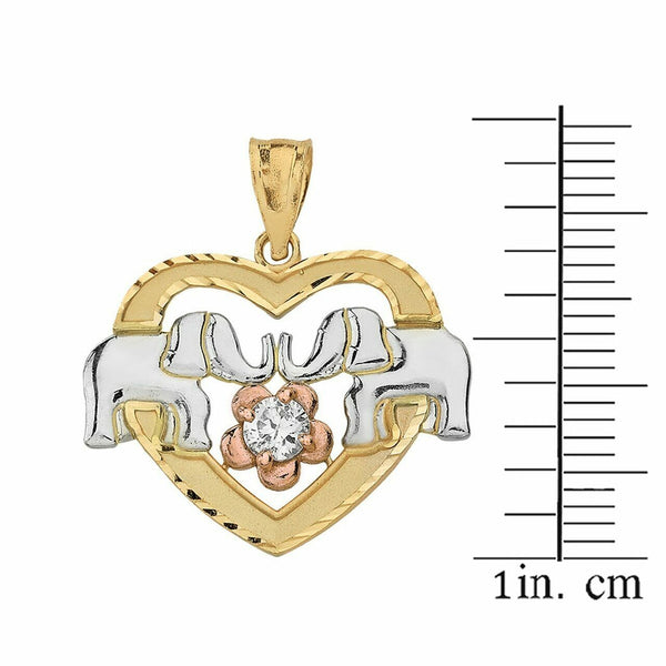 Fine 14k Solid Three Tone Gold Elephant and Heart CZ Pendant Necklace