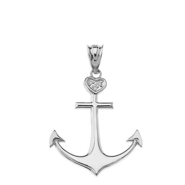 925 Sterling Silver CZ Nautical Ship Boat Anchor Heart Pendant Necklace