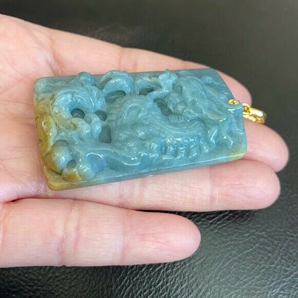 14K Solid Yellow Gold Carved Dragon Natural Jade Pendant Rectangle Men