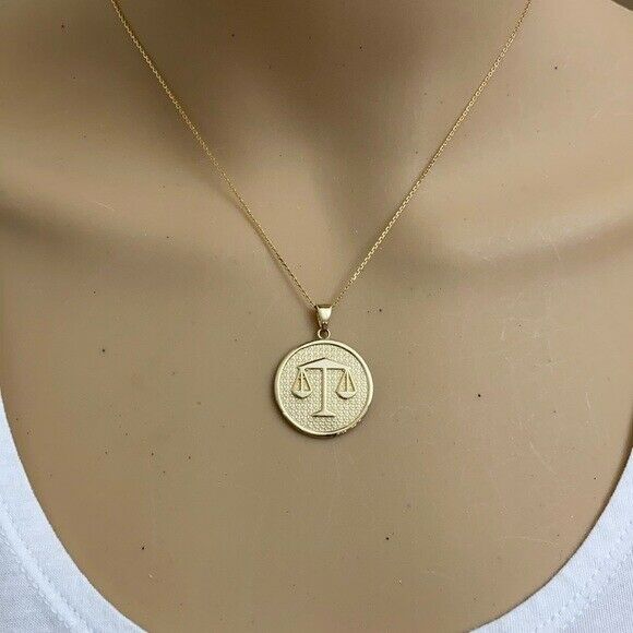10K Solid Gold Libra Zodiac Sign Disc Round Pendant Necklace 16" 18" 20" 22"
