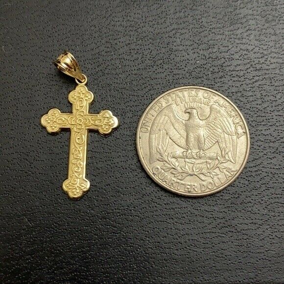 Solid Yellow Gold 14K Greek Orthodox Floral Rose Cross Pendant Necklace