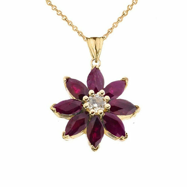 Solid 14k Yellow Gold Genuine Ruby and Diamond Daisy Pendant Necklace