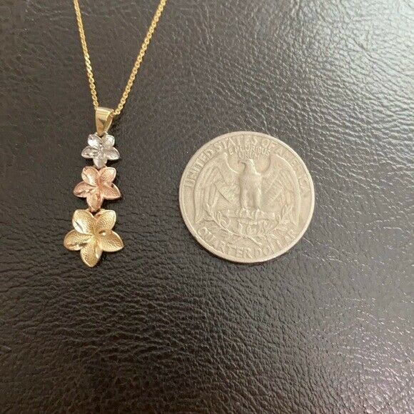 14K Tri-color Gold Elegan 3 Plumeria Flowers Joy Love Spiritual Pendant Necklace
