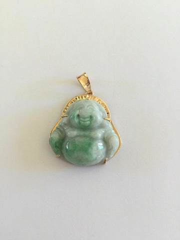 18K Real Gold Natural Jadeite Jade Happy Laughing Buddha Pendant Male Charm