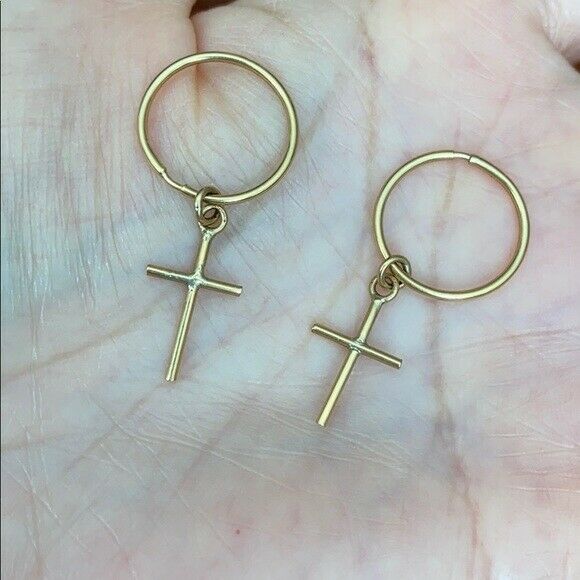 14K Yellow Gold Hoop Dangle Cross Earrings