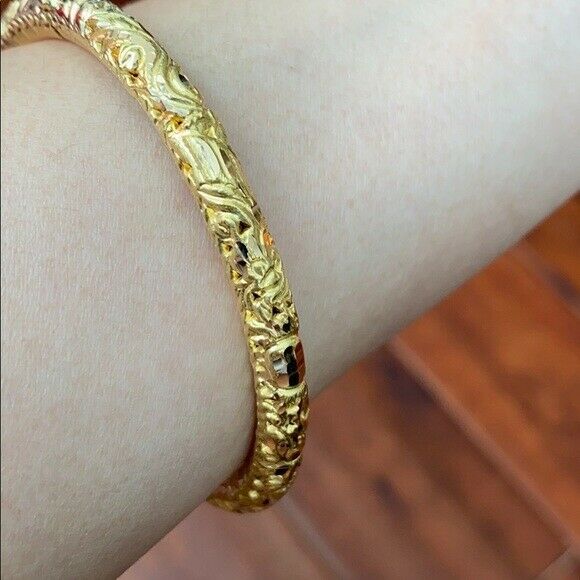 18K Real Fine Yellow Gold Engraved Dragon Phoenix Round Bangle Bracelet 58 mm